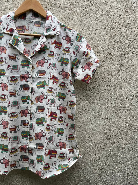 Elephant Print Half Sleeve Cotton Shirt for Women