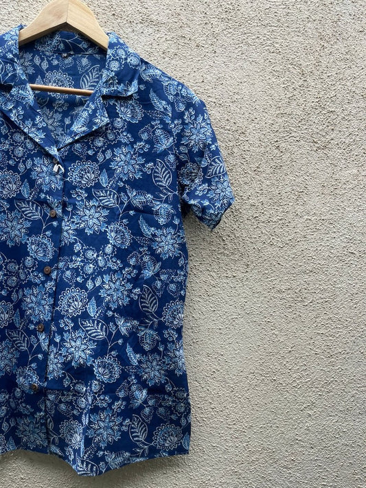 Indigo Print Half Sleeve Cotton Shirt for Women