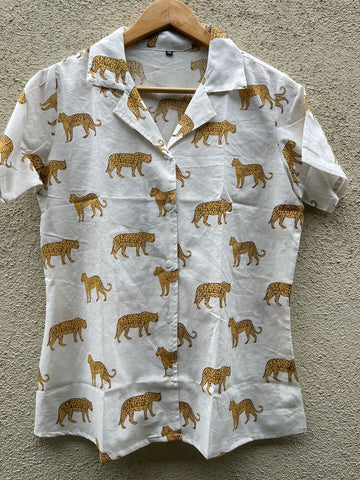Leopard Print Half Sleeve Cotton Shirt for Women