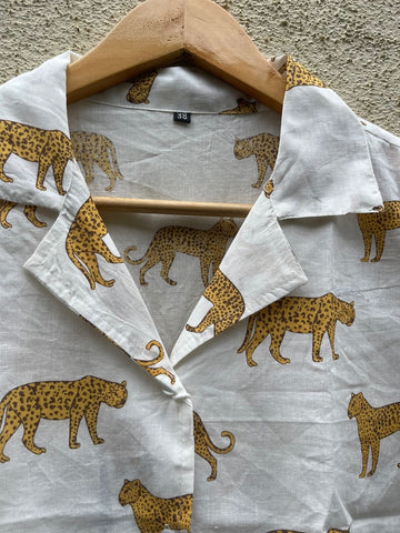 Leopard Print Half Sleeve Cotton Shirt for Women