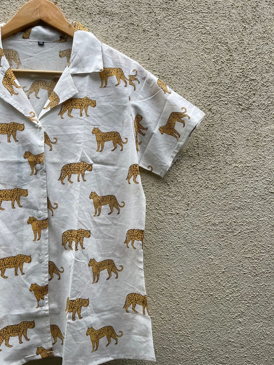 Leopard Print Half Sleeve Cotton Shirt for Women