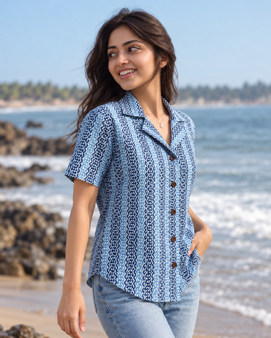 Indigo Print Half Sleeve Cotton Shirt for Women