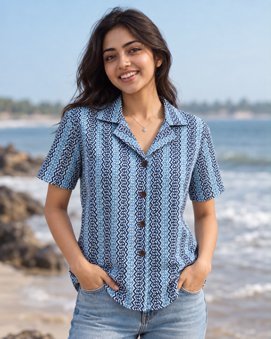 Indigo Print Half Sleeve Cotton Shirt for Women