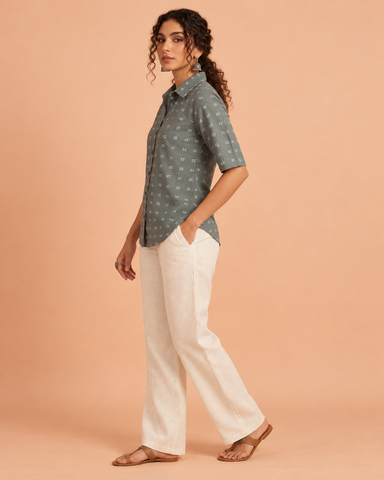 Classic Kannada Alphabet Half Sleeve Shirt for Women - Olive
