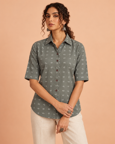 Classic Kannada Alphabet Half Sleeve Shirt for Women - Olive