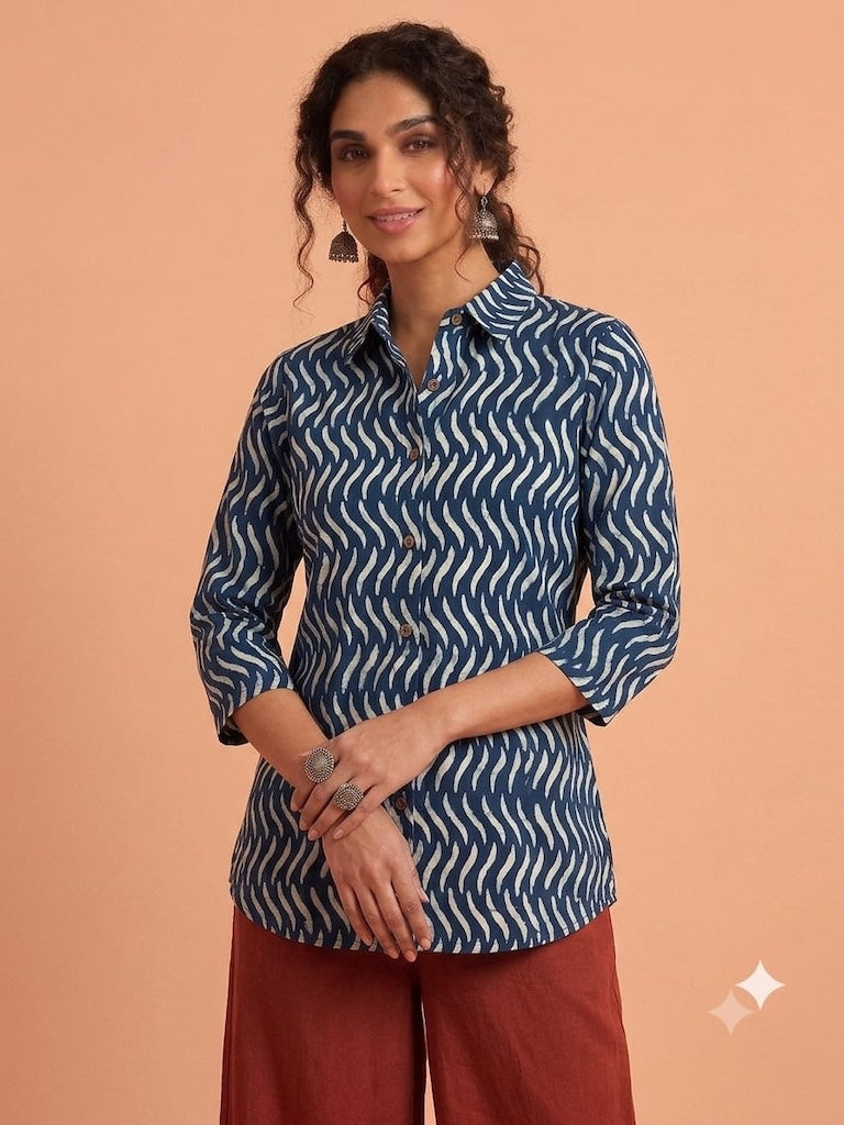 Block Printed Womens Conversational Cotton Shirt - Organic