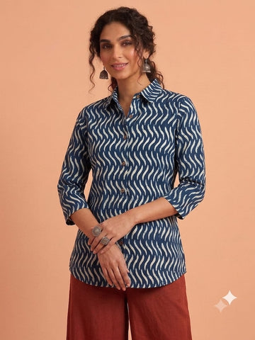 Block Printed Womens Conversational Cotton Shirt - Organic
