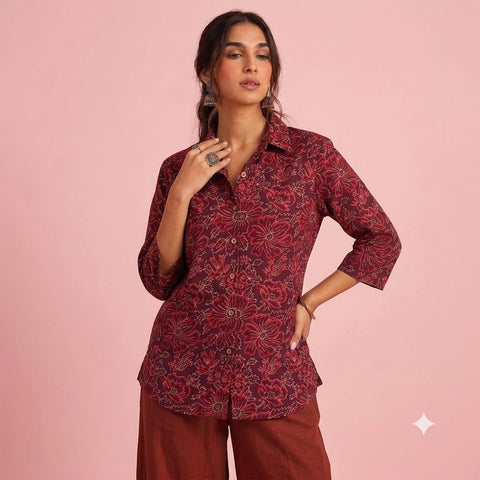 Block Printed Womens Conversational Cotton Shirt - Organic