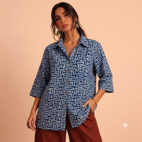 Block Printed Womens Conversational Cotton Shirt - Organic