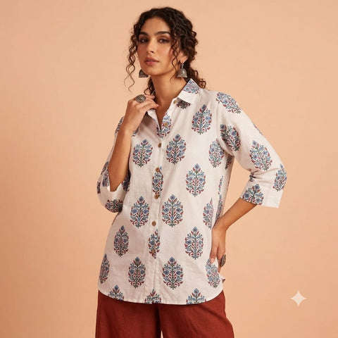 Block Printed Womens Conversational Cotton Shirt - Organic