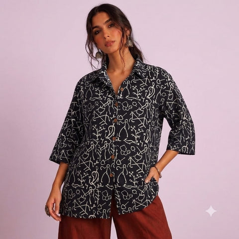 Block Printed Womens Conversational Cotton Shirt - Organic
