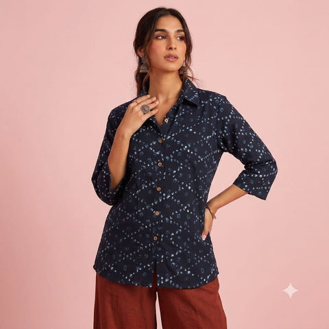 Block Printed Womens Conversational Cotton Shirt - Organic