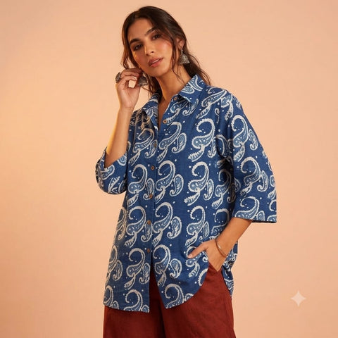 Block Printed Womens Conversational Cotton Shirt - Organic
