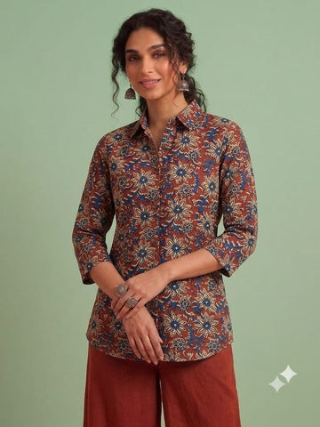 Block Printed Womens Conversational Cotton Shirt - Organic