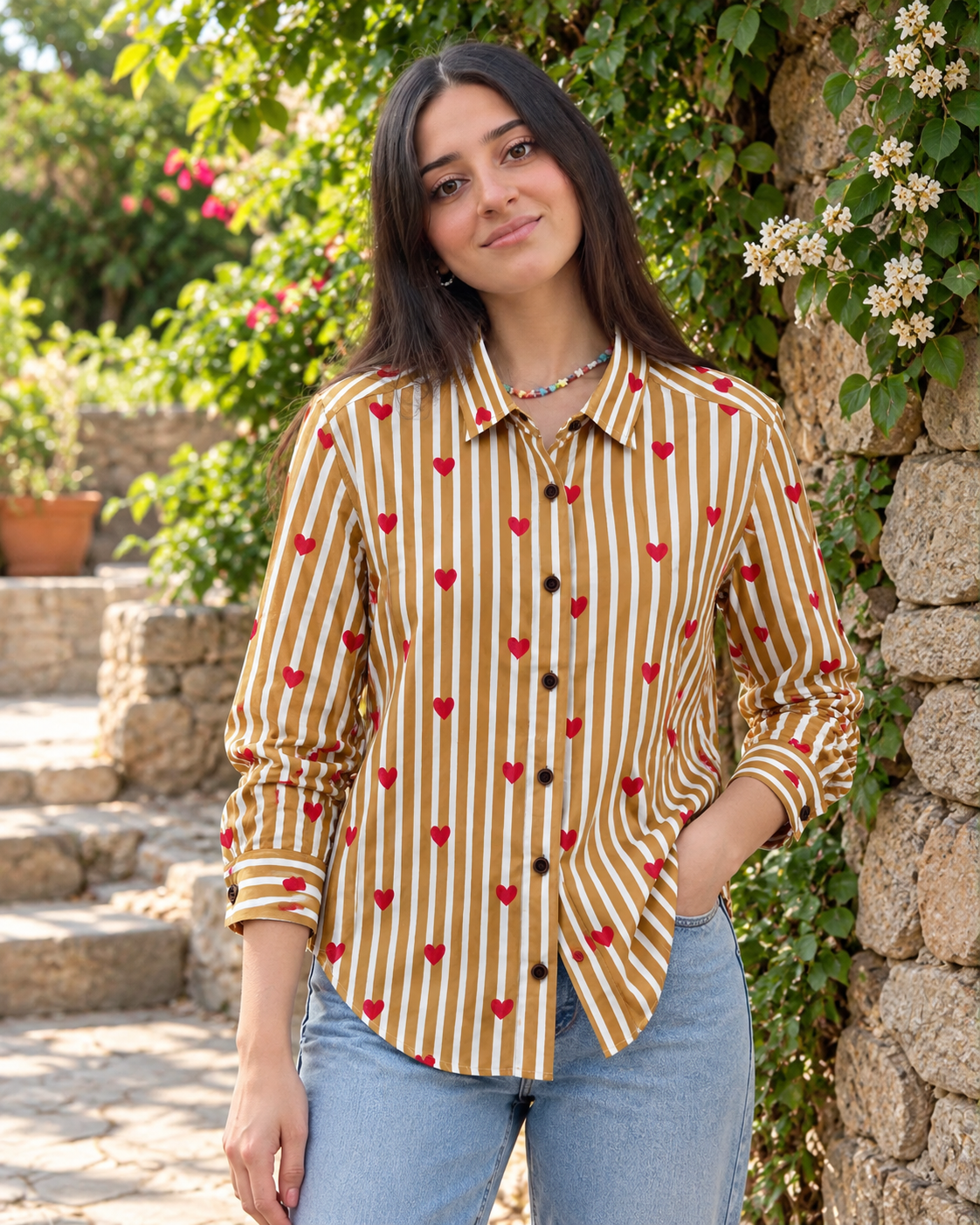 Women Conversational Striped Cotton Causal Shirt