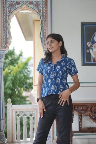 Floral Block Print Plus Size Cotton Shirt For Women