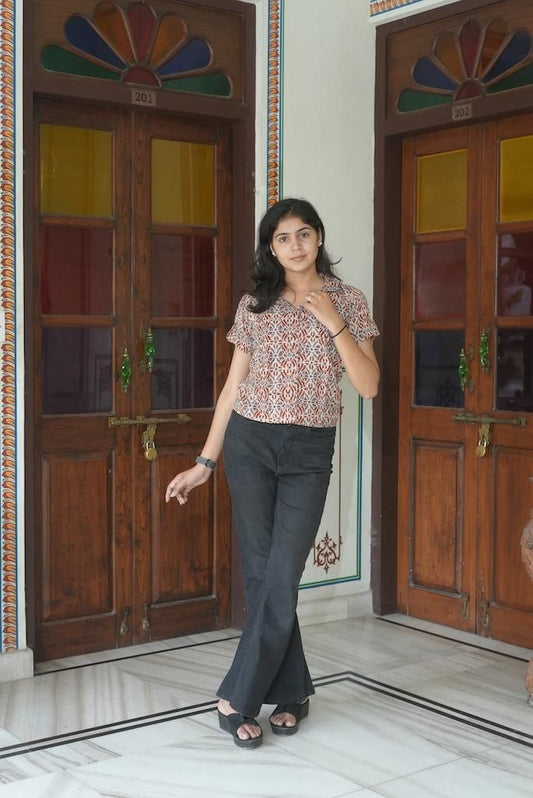 Floral Block Print Plus Size Cotton Shirt For Women