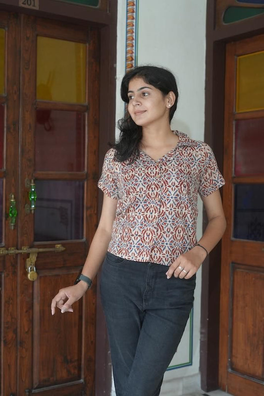 Floral Block Print Plus Size Cotton Shirt For Women