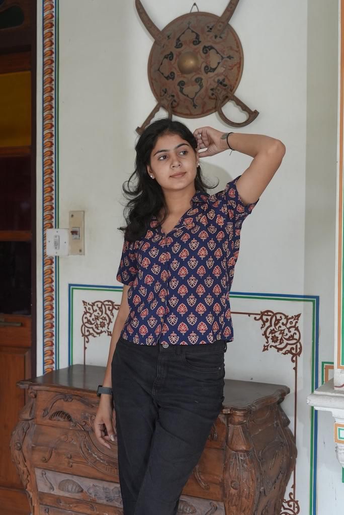 Classic Block Print Plus Size Cotton Shirt For Women