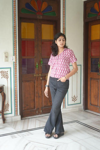 Floral Bagru Print Plus Size Cotton Shirt For Women