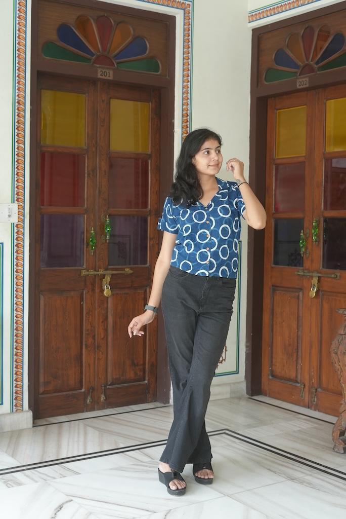 Classic Indigo Print Plus Size Cotton Shirt For Women