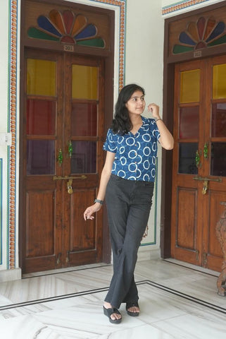 Classic Indigo Print Plus Size Cotton Shirt For Women