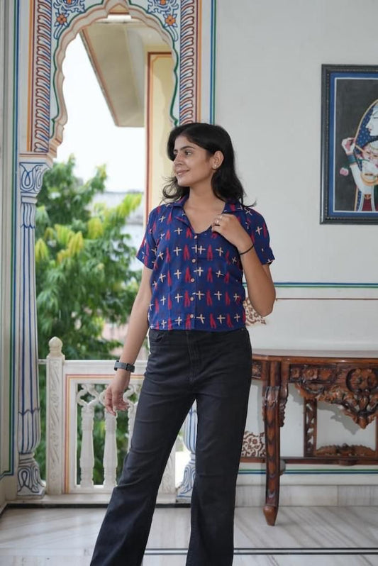 Block Printed  Plus Size Cotton Shirt For Women
