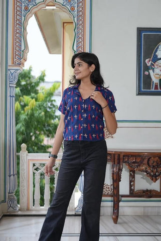 Block Printed  Plus Size Cotton Shirt For Women