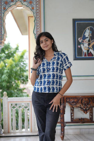 Classic Indigo Print Plus Size Cotton Shirt For Women