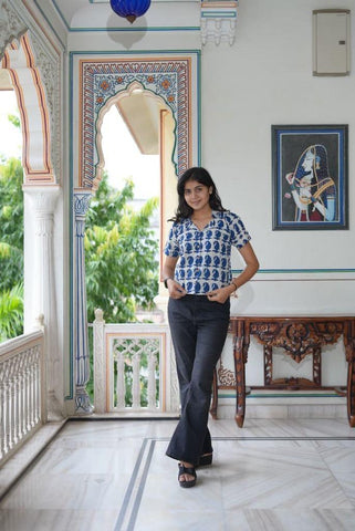 Classic Indigo Print Plus Size Cotton Shirt For Women