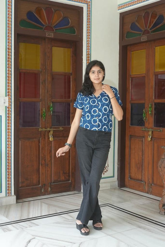 Classic Indigo Print Plus Size Cotton Shirt For Women