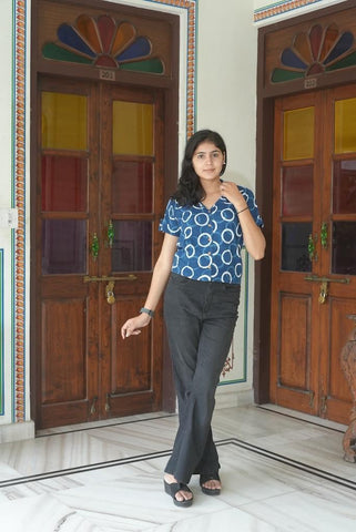 Classic Indigo Print Plus Size Cotton Shirt For Women