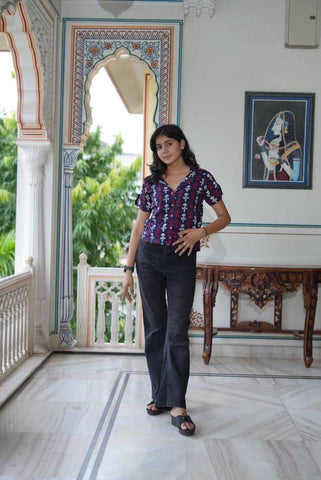 Floral Bagru Print Plus Size Cotton Shirt For Women