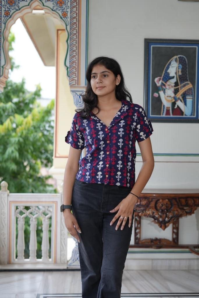 Floral Bagru Print Plus Size Cotton Shirt For Women