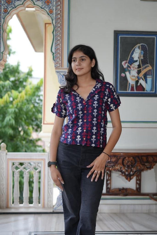 Floral Bagru Print Plus Size Cotton Shirt For Women