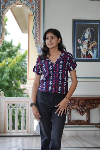 Floral Bagru Print Plus Size Cotton Shirt For Women