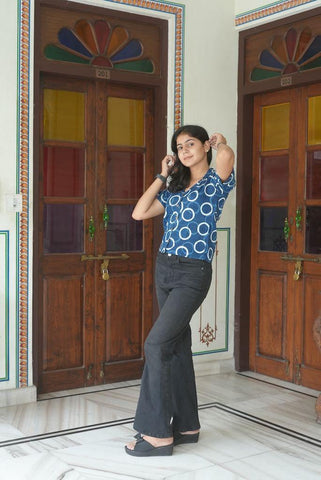 Classic Indigo Print Plus Size Cotton Shirt For Women