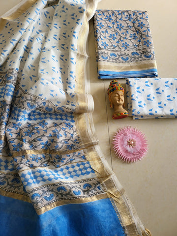 Hand Block Printed Silk Suit Set Blue