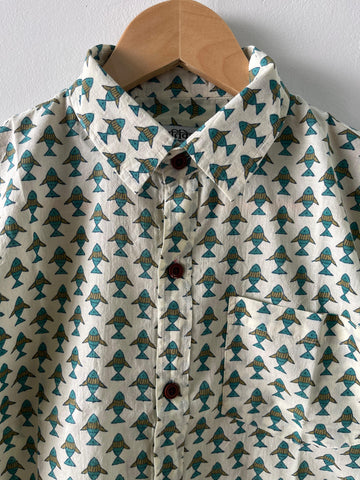 Cute Fish Hand Block Printed Kids Cotton Shirt