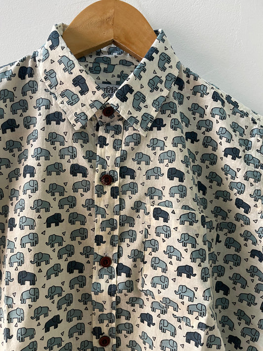 Elephant Print Sanganeri Print Shirt - Grey