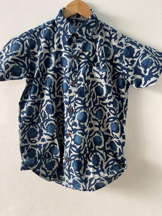 Organic Indigo Block Print Kids Cotton Shirt