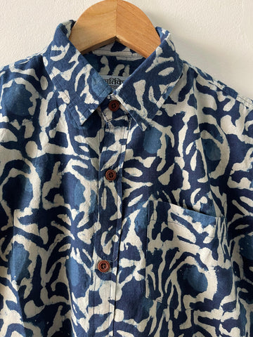 Organic Indigo Block Print Kids Cotton Shirt