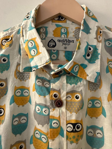 Cute Owl Print Cotton Half Sleeve Men Shirt