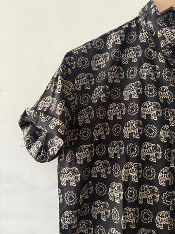 Black Elephant Print Vintage Shirt For Men