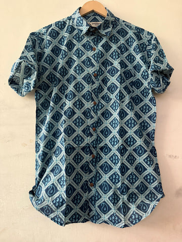 Natural Indigo Print Cotton Shirt for Men