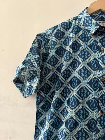 Natural Indigo Print Cotton Shirt for Men