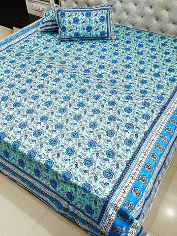 Premium Jaipuri Printed King Size Bedsheet with 2 Zipped Pillow Cover