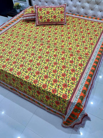 Premium Jaipuri Printed King Size Bedsheet with 2 Zipped Pillow Cover