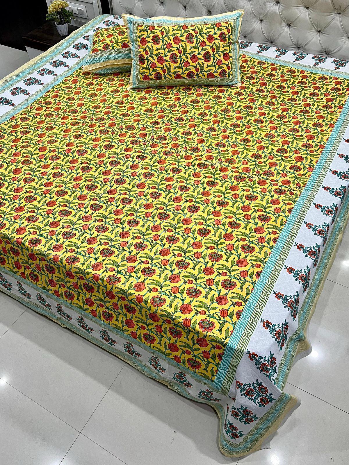 Premium Jaipuri Printed King Size Bedsheet with 2 Zipped Pillow Cover
