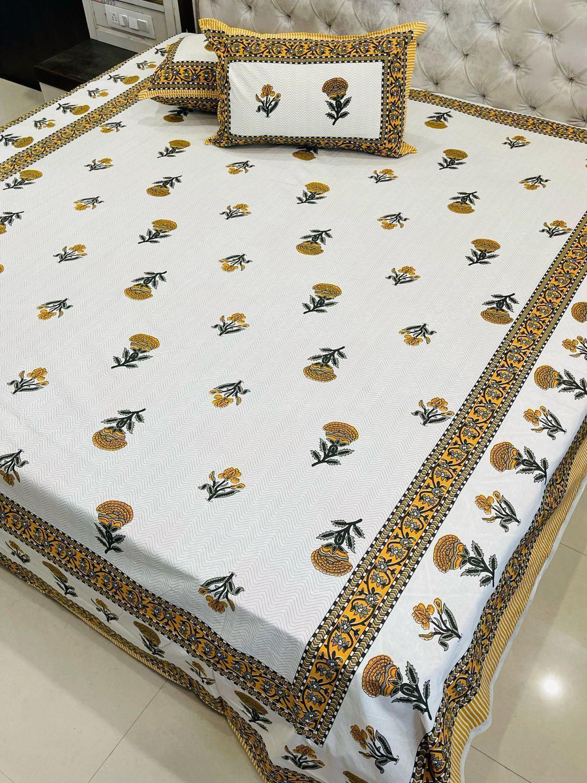 Premium Jaipuri Printed King Size Bedsheet with 2 Zipped Pillow Cover